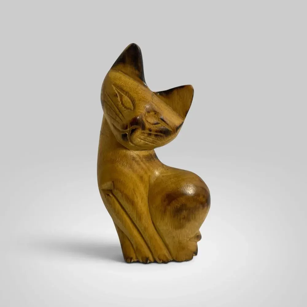 Vintage Small Hand Carved Wood Cat Figurine Folk Art Siamese Kitty